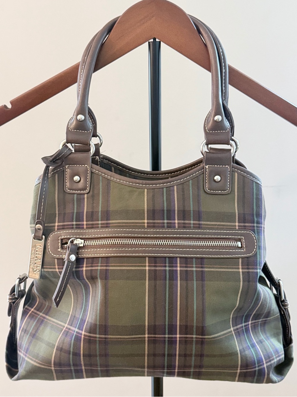 Chaps Plaid Tartan Satchel Shoulder Bag Olive Green Brown Preppy y2k